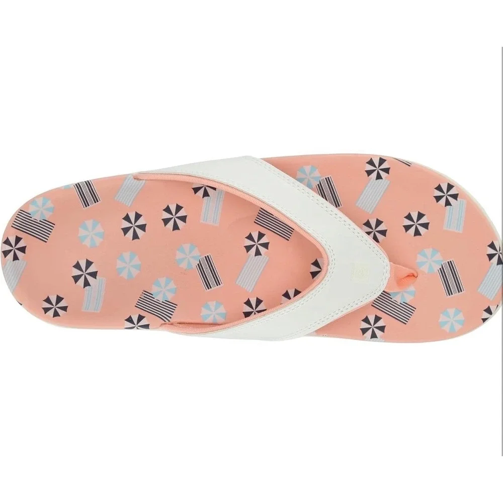 Spenco Yumi Womens White Peach Beach Print Orthotic Thong Flip Flop Sandals
